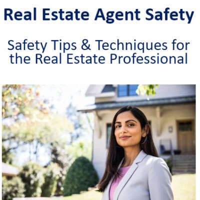 A woman in a lavender business suit looking at the camera, with a nice home and a pleasant neighborhood in the background on a sunny day. Above the photo are the words "Real Estate Agent Safety: Safety Tips and Techniques for the Real Estate Professional.