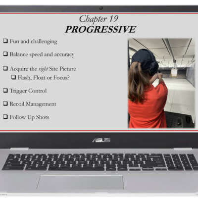 laptop displaying Pistol Practice eLearning course, Chapter 19 titled "Progressive," with a bullet list on the left and a woman shooting on the right.