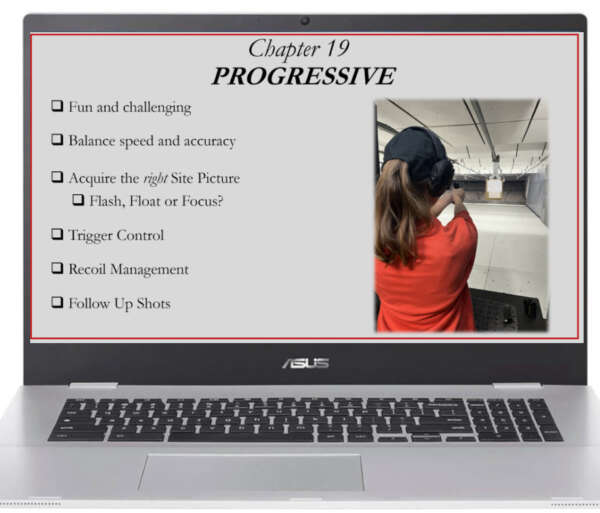 laptop displaying Pistol Practice eLearning course, Chapter 19 titled "Progressive," with a bullet list on the left and a woman shooting on the right.