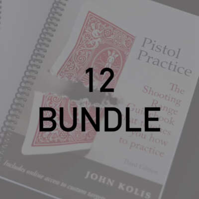 spiral bound pistol practice book with 12 BUNDLE superimposed on it