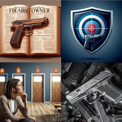 Four-picture collage featuring: AI art of a gun on a firearms owner manual, a shield with a bullseye, a woman choosing among four classrooms, and a collection of handguns.