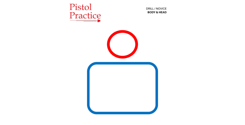 Drills 7 Pistol Practice Body and Head target featuring a blue 6x8 inch rounded rectangle for the body and a red 3-inch circle for the head. The header displays the Pistol Practice logo and the name of the drill, while the footer includes the course of fire and a QR code leading to a video demonstration