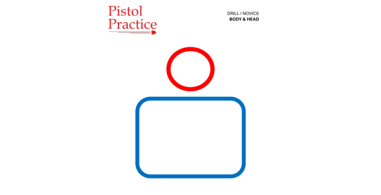 Pistol Practice Body and Head target featuring a blue 6x8 inch rounded rectangle for the body and a red 3-inch circle for the head. The header displays the Pistol Practice logo and the name of the drill, while the footer includes the course of fire and a QR code leading to a video demonstration