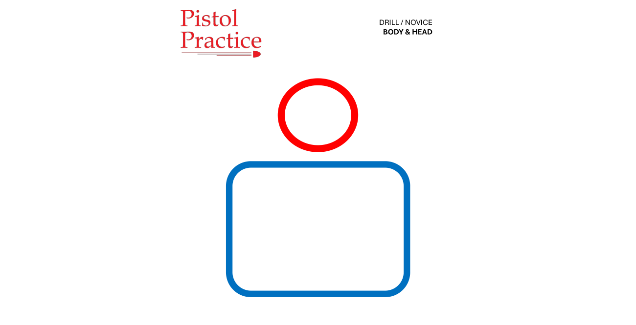 Pistol Practice Body and Head target featuring a blue 6x8 inch rounded rectangle for the body and a red 3-inch circle for the head. The header displays the Pistol Practice logo and the name of the drill, while the footer includes the course of fire and a QR code leading to a video demonstration