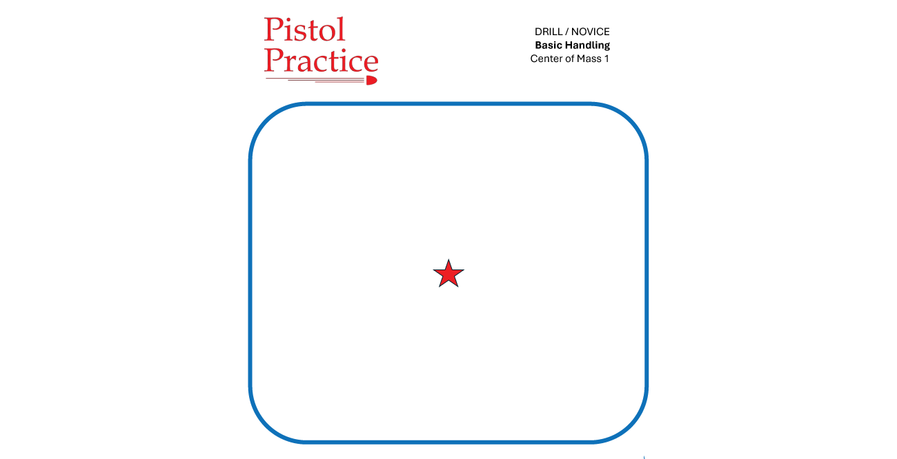 Pistol Practice Center of Mass target featuring a blue 8-inch rounded square with a red star in the center. The header displays the Pistol Practice logo and name of the drill, and the footer includes the course of fire and a QR code leading to a video demonstration