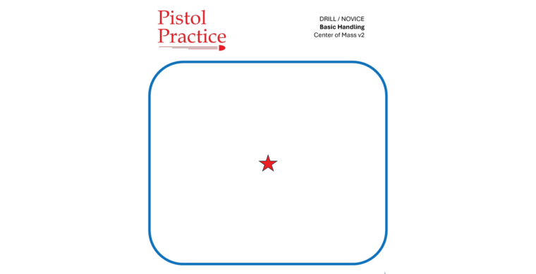 Pistol Practice Center of Mass target featuring a blue 8-inch rounded square with a red star in the center. The header displays the Pistol Practice logo and name of the drill, and the footer includes the course of fire and a QR code leading to a video demonstration