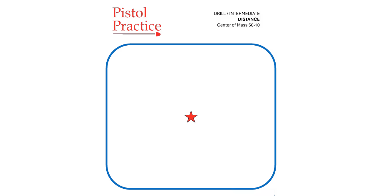Pistol Practice Distance target featuring a blue 8-inch rounded square with a red star in the center. The header displays the Pistol Practice logo and name of the drill, and the footer includes the course of fire and a QR code leading to a video demonstration