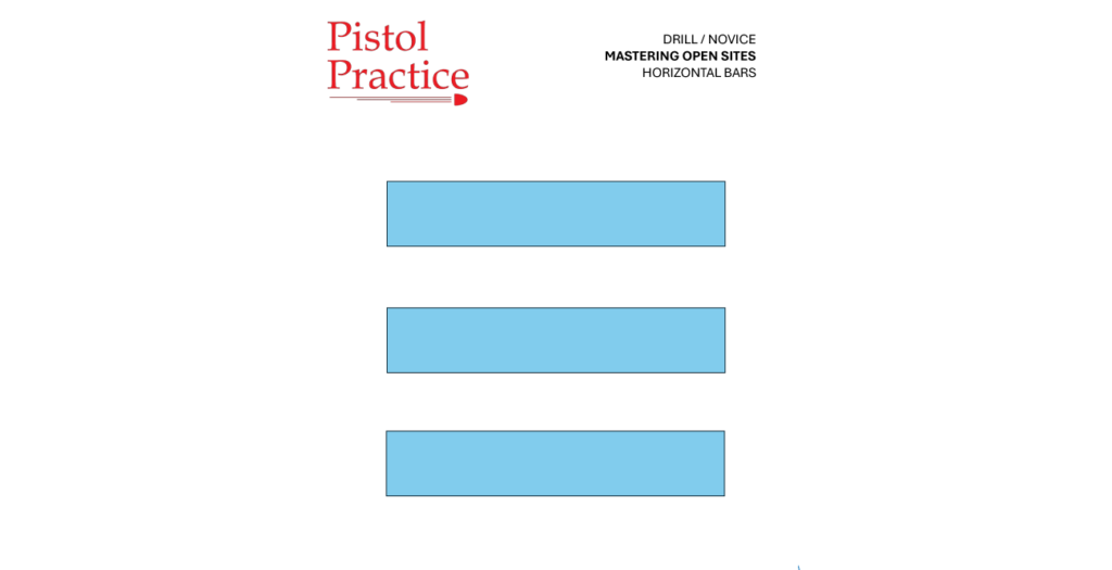 Drills 1 Pistol Practice horizontal bar target showing three horizontal light blue bars, each 1 x 4 inches, stacked top to bottom with an inch apart
