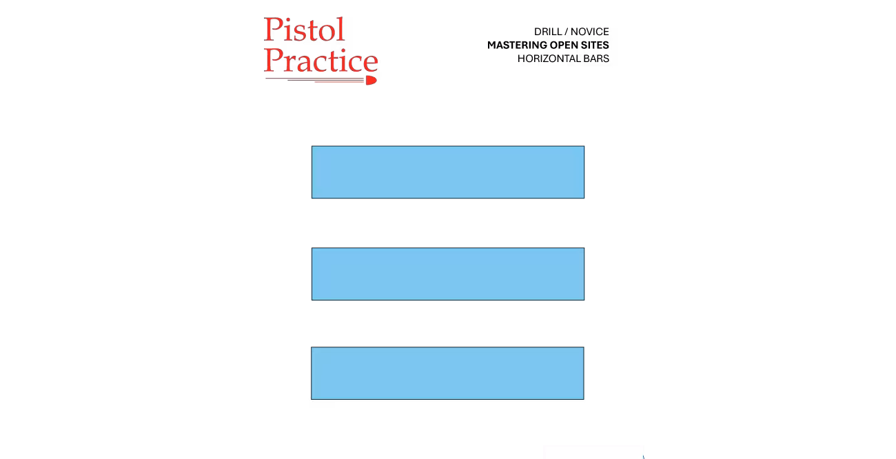 Pistol Practice horizontal bar target showing three horizontal light blue bars, each 1 x 4 inches, stacked top to bottom with an inch apart