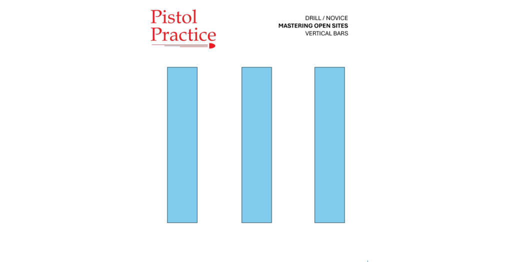 Drills 3 Pistol Practice vertical bars target showing three vertical light blue bars, each 1 x 4 inches, arranged left to right with an inch apart