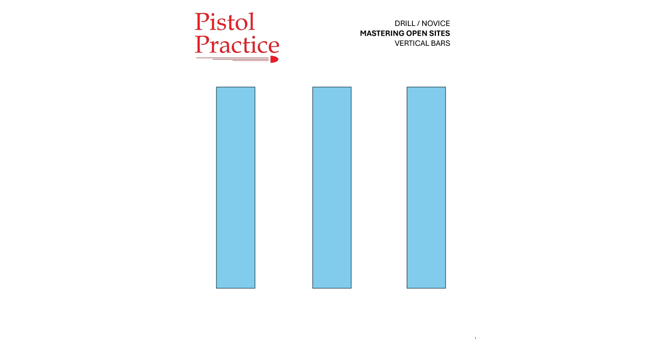 Pistol Practice vertical bars target showing three vertical light blue bars, each 1 x 4 inches, arranged left to right with an inch apart