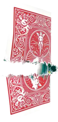 card-clear-bg Close-up of a playing card split, showing a bullet hole in the paper backer